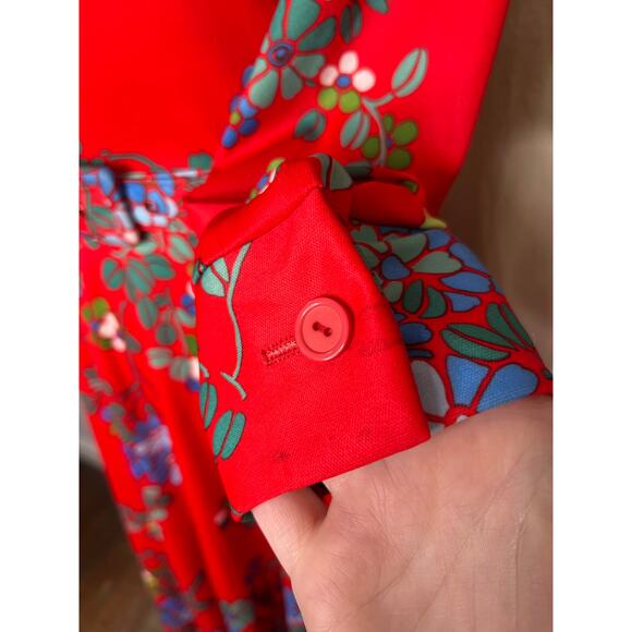 1960s Maximalist Red Blue Floral Psychedelic Disco Brady Bunch Bowtie Dress M - Picture 4 of 8